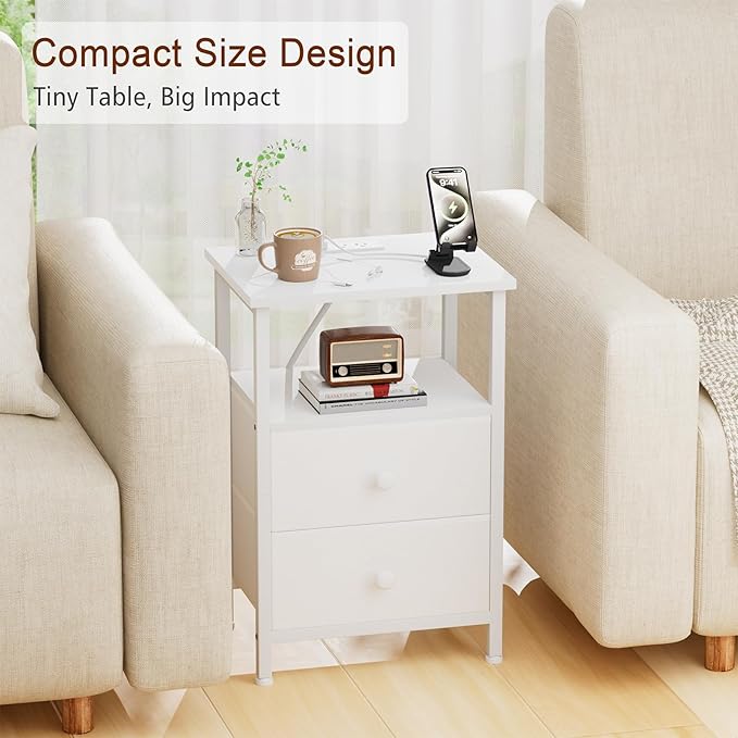LOAKEKEL Night Stand, Nightstand with Charging Station, Slim Industrial Bedside Table with 2 Fabric Drawers, Small End Table with USB & Type-C Ports for Bedroom, White, HETS020WT-1