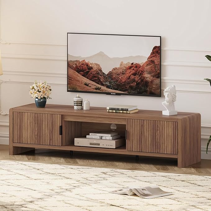 FATORRI TV Stand for 75/65/55 Inch TVs, Farmhouse Entertainment Center with Storage, Wood Waveform Fluted-Door Television Media Console for Living Room,Bedroom (63" W, Walnut)