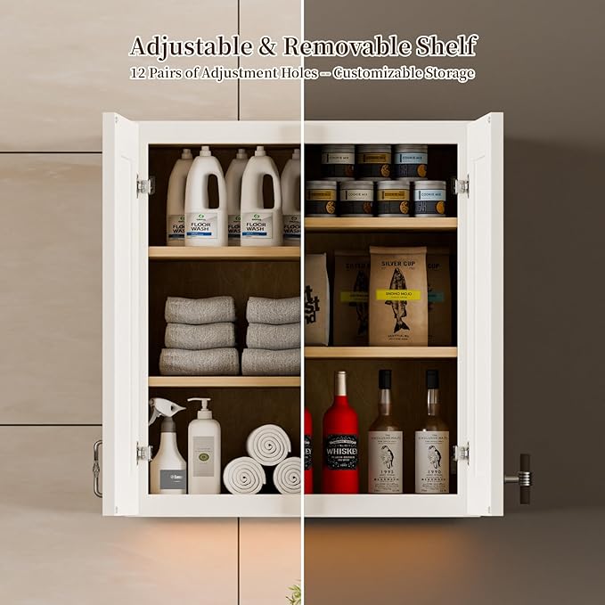 Kisart Laundry Room Cabinets Wall Mounted with Doors & Shelves, Solid Wood RTA Medicine Storage Cabinet, 33" Wx36 Hx12 D Inch White Shaker Hanging Cupboard, Space-Saving for Kitchen, Bathroom, Garage