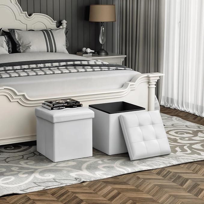Magshion Small Folding Storage Ottoman Cube, 15 Inches PU Leather Footrest Stool, Square Ottoman with Storage for Entryway, Living Room, Bedroom, White