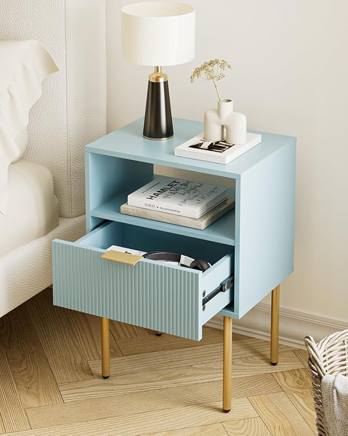 Aienvey Night Stand, Modern Nightstand with Drawers, Bedside Table, Gold Small Side Table for Bedroom, Living Room End Table (Blue Stripe, 1 Drawer)