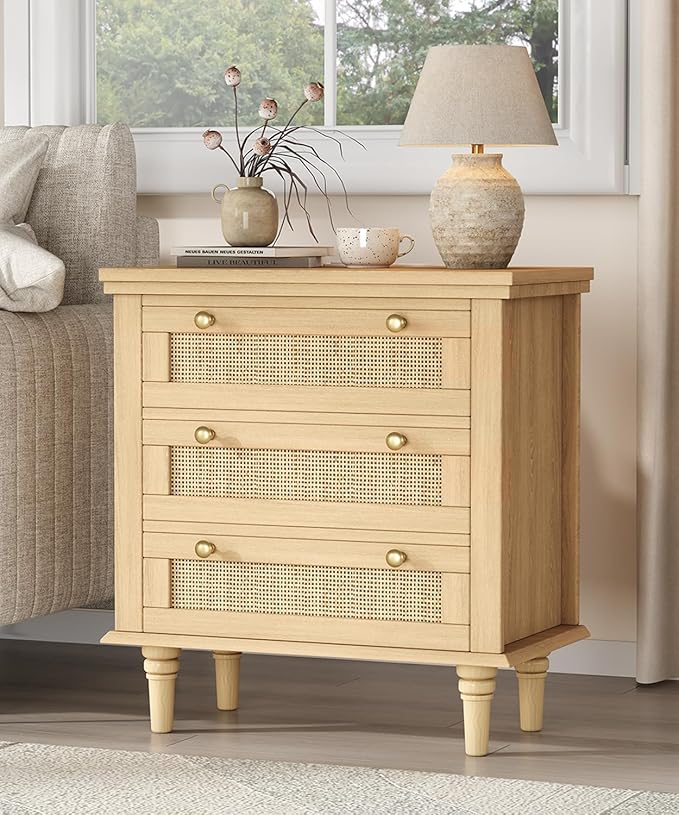 Keehusux Night Stand with 3 Large Storage Drawers, 26.8" H Rattan Nightstand with Charging Station, Boho Bedside Table with Round Handles, Wooden End Table for Bedroom, Natural Oak KES008MECTG