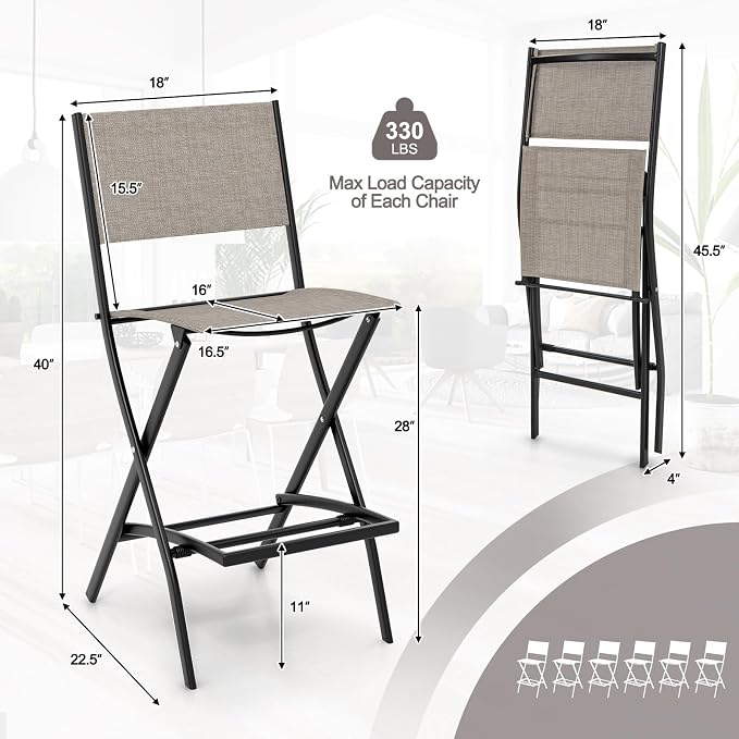 Giantex Folding Patio Bar Chairs Set of 6, Outdoor Counter Height Bar Stools with Footrest & Back, All-Weather Resistant, Metal Frame, for Porch Deck Lawn Garden (Light Brown)