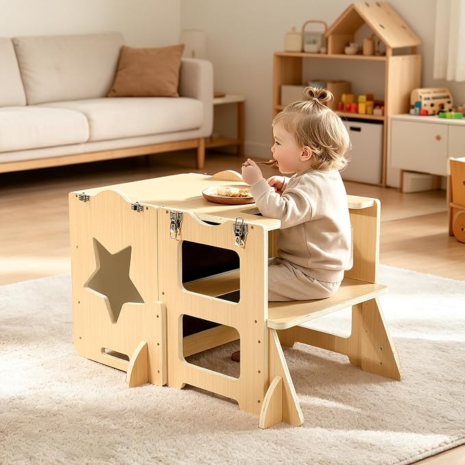 VEVOR 4-in-1 Toddler Kitchen Step Stool, Foldable Learning Standing Tower with Blackboard & Whiteboard, Wooden Kitchen Stool Helper with Detachable Stool, Montessori Table and Chair Set for Ages 1-3