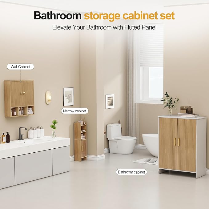 Bathroom Wall Cabinet,Wooden Medicine Cabinet with Fluted Doors Over The Toilet Storage Cabinet with Adjustable Shelf for Bathroom,Wood