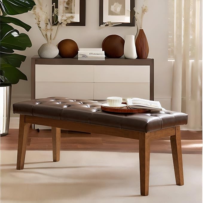HUIMO Bedroom Bench End of Bed, Upholstered Dining Bench for Kitchen, Button-Tufted Entry Bench, PU Ottoman Bench for Living Room, Entryway (PU-Brown)