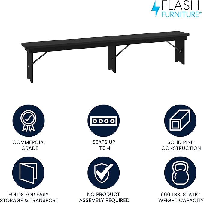 Flash Furniture Hercules Commercial Farmhouse Folding Bench, Antique Solid Pine Entryway Bench, Foldable Locking Legs, 8' x 12", Black Wash