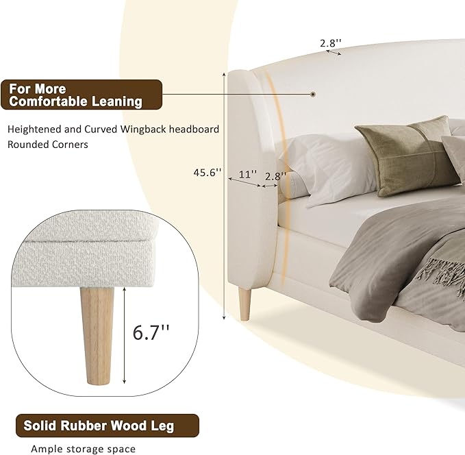 Hazel California King Size Bed Frame, Upholstered Platform Bed, Soft Boucle Headboard, Wood Bed Support and Slats, Curved-Shaped Headboard California King Bed, 43.90" H White