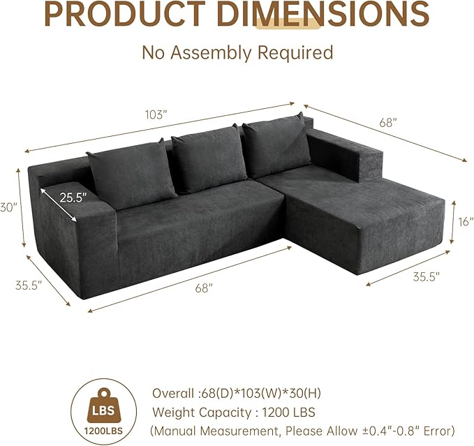 ANONER 103" Modular Sectional Sofa, L-Shaped Boneless Sectional Couch, Modern Minimalist Free Combination Foam Sofa with Deep Seat, Living Room & Apartment Furniture, No Assembly Required, Dark Grey