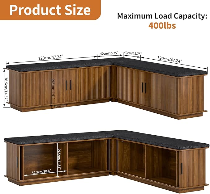 L-Shape Storage Bench with Cushion, Walnut Corner Dining Bench with Hidden Storage, Fluted Breakfast Nook Bench for Dining Room, Kitchen, Entryway, Cloakroom