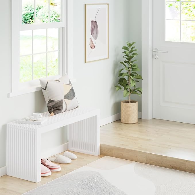 APRTAT Bamboo Dining Bench Indoor Long Entryway Shoe Rack Benchs,Outdoor Modern Wood Benches 35 Inch Bamboo Bench for Living Room Hallway Bedroom Bathroom White