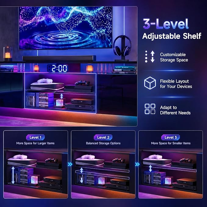 70” High-Glossy TV Stand with 2 Side Cabinets, Modern Stylish TV Console with 3 Layer LED Lights,Gaming TV Media Console with Adjustable Glass Shelf, Remote&APP Control, Black