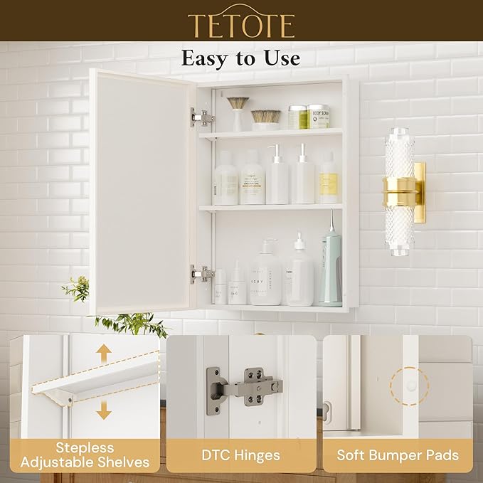 TETOTE 16" x 24" Medicine Cabinets for Bathroom with Tempered Mirror Recessed Medicine Cabinet with Aluminum Beveled Frame, Stepless Adjustable Shelves, DTC Hinge