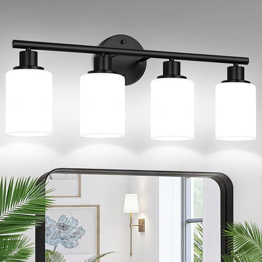 Zarbitta 4-Light Bathroom Light Fixtures, Black Modern Vanity Lights with Milky White Frosted Glass Shades, Bathroom Wall Lamp for Mirror Kitchen Living Room