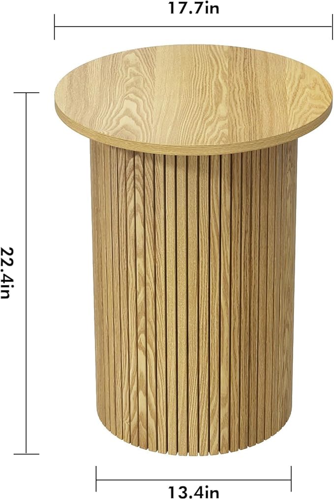 Wnutrees Round Fluted End Table, Small Accent Pedestal Side Table, Wood Fluted Nightstand Bedside Table for Living Room, Handcrafted Finish, Natural, 2Pack