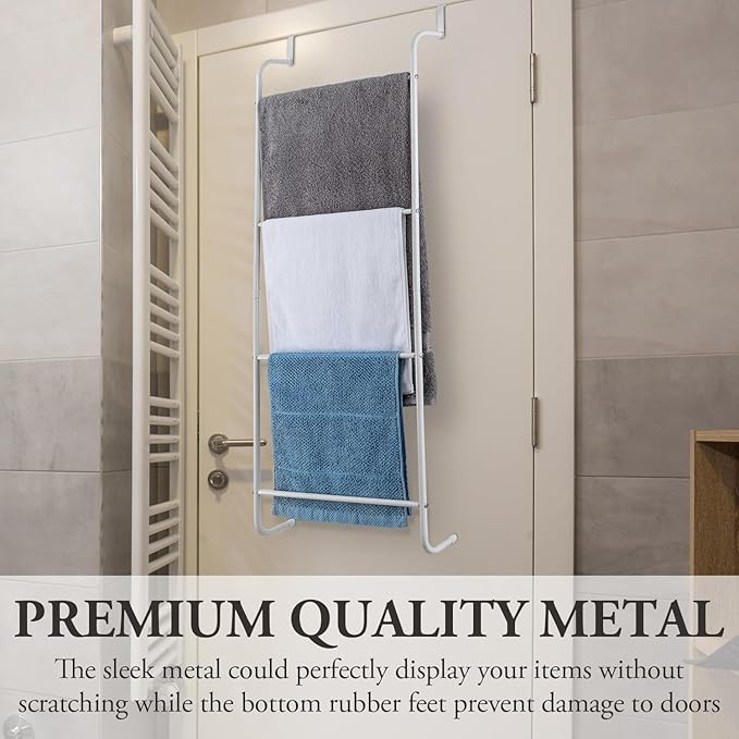 MyGift 4 Tier Over The Door Towel Rack, Bathroom Towel Holder Ladder, Space Saving Over Shower Door Drying Rack for Towels & Blankets, White Metal