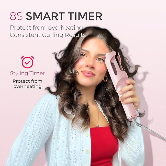 TYMO オートカールヘアアイロン - TYMO CURLPRO ビーチウェーブヘアアイロン、ポータブルヘアカーラー、5億マイナスイオン、デュアルボルテージ＆軽量旅行用、セラミックコーティング、1 1/4インチ、ピンク