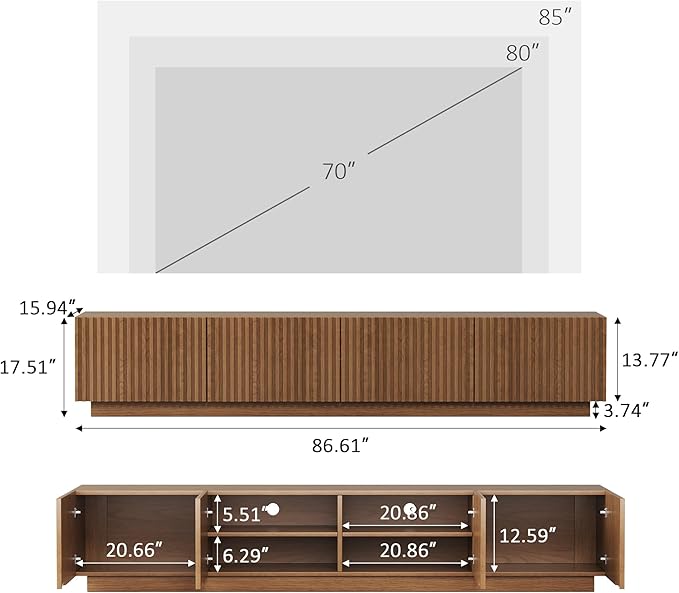86.61" Mid-Century Modern TV Stand for TVs up to 85", Walnut Entertainment Console with Large Storage, Sturdy Media Cabinet for Living Room & Bedroom