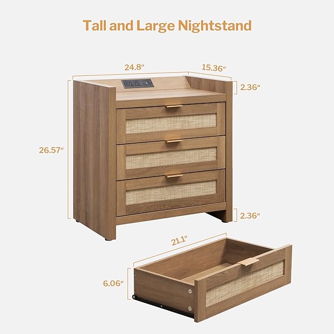 SICOTAS Rattan Night Stand Set of 2 - Tall Nightstands with Type-C Charging Station, 3 Storage Drawers, Larger Nightstand Boho Bedside Table End Table for Bedroom Sofa Couch Office - Natural Oak
