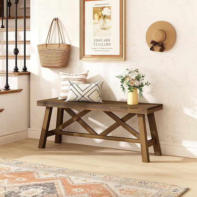 Wnutrees 43" Farmhouse Wood Bench, Rustic Solid Wood Entryway Bench Seat with Double X-Structure for Dining Area Living Room Hallway, Structural Stability, Natural