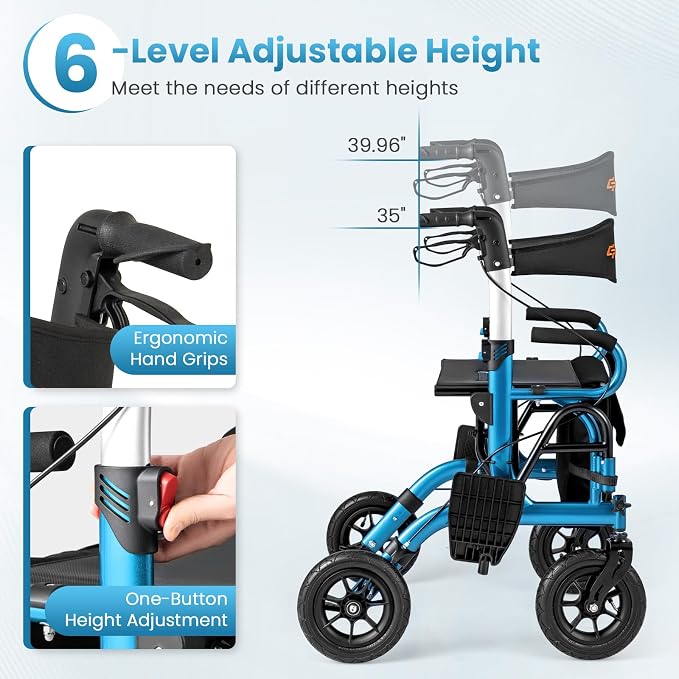 Goplus Walkers for Seniors with Seat, 2 in 1 Folding Rolling Rollator Walker & Wheelchair Combo with Brakes, 9" Pneumatic Tires for All Terrain, Aluminum Adult Mobility Walking Aid