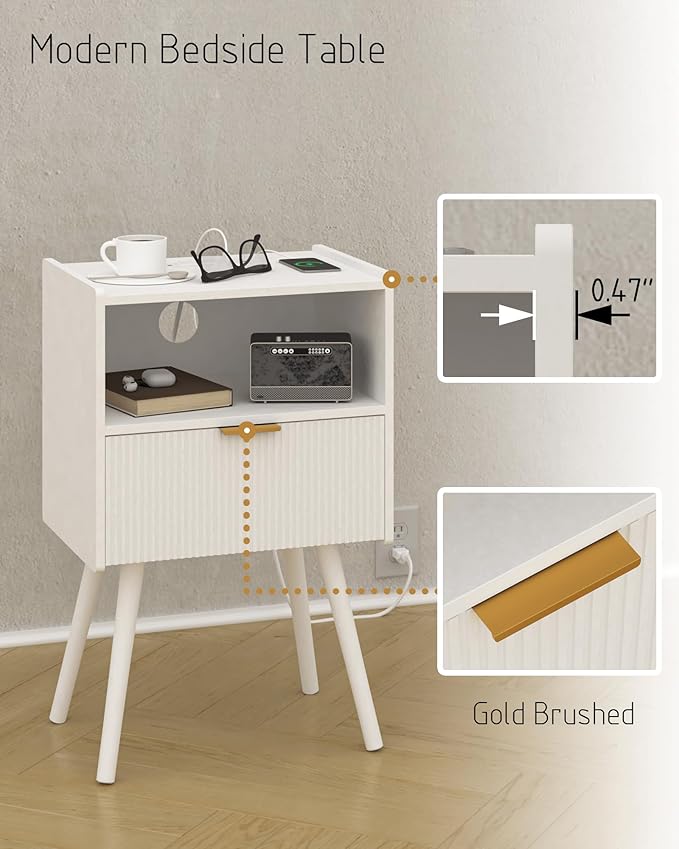 JOONEE White Nightstand with Outlet,Modern Bedside Table with Storage Drawer and Open Wood Shelf, for Living Room, Bedroom and Small Spaces, Accent Night Stand with Solid Wood Legs, Easy Assembly