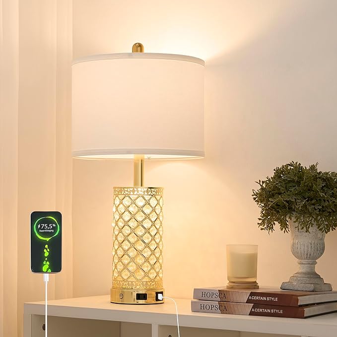 SAIWEYA Crystal Table Lamps Modern 3-Way Dimmable Bedside Lamp with 2 USB Ports & AC Outlets for Living Room Bedroom Nightstand Lamp Night Light (Gold- 1 Pack 24In)