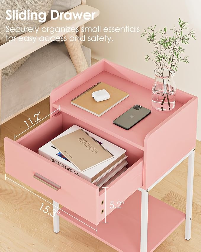 Nightstand,Modern Bedside Table Night Stand with Storage Drawer and Open Shelf,Small End Side Table for Bedroom,Living Room,Pink