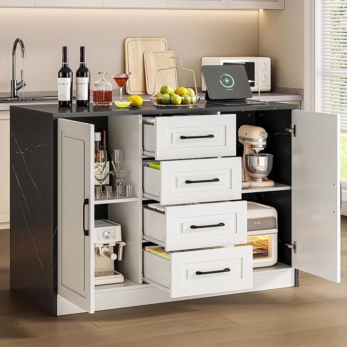 ONBRILL 47.3" Kitchen Island with 2 Storage Cabinets & 4 Drawers, Modern Imitation Marble Dining Table with Power Outlet, Island Bar Table for Kitchen, Dining Room, Living Room, Black