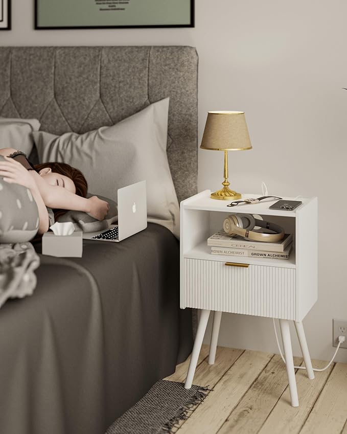 JOONEE White Nightstand with Outlet,Modern Bedside Table with Storage Drawer and Open Wood Shelf, for Living Room, Bedroom and Small Spaces, Accent Night Stand with Solid Wood Legs, Easy Assembly