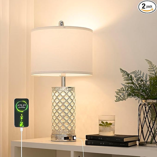 SAIWEYA Modern Crystal Table Lamp - 24in Silver Bedroom Lamps 3-Way Dimmable Touch Lamp with Night Light, 2 USB Ports + AC Outlet, Bedside Night Stand Lamp for Living Room Office (Silver- 1 Pack 24In)