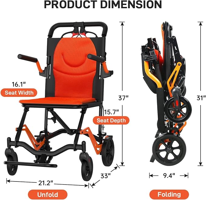 IDEALHOUSE Lightweight Foldable Wheelchair for Adults, Portable Travel Chair with Removable Flip-Up Armrests, Adjustable Swing-Away Footrests, Hand-Operated Brakes, for Indoor & Outdoor Use, Orange