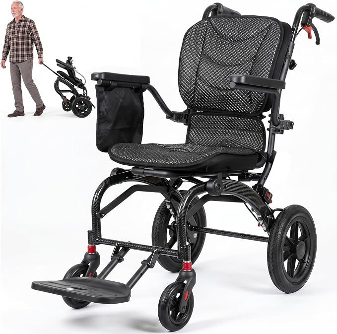 SOFTFISH Transport Wheelchair with Ergonomic Design & Pull Rod, Wheelchairs for Adults with Adjustable Push Handles & Footrests, 12” Rear Wheels, Flip-Back Armrests, Carbon Fiber Aluminum Frame