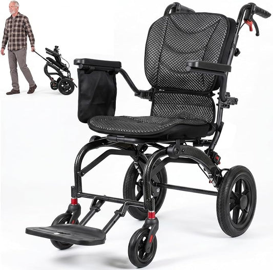 SOFTFISH Transport Wheelchair with Ergonomic Design & Pull Rod, Wheelchairs for Adults with Adjustable Push Handles & Footrests, 12” Rear Wheels, Flip-Back Armrests, Carbon Fiber Aluminum Frame
