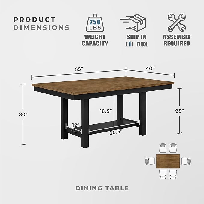 Lexicon 65" Modern Rectangle Dining Table for 6 - Solid Wood Frame, Acacia Veneer Rectangular Kitchen Table with Storage Shelf, Kitchen/Dining Room, Assembly Required, Brown Top and Black Wood Base