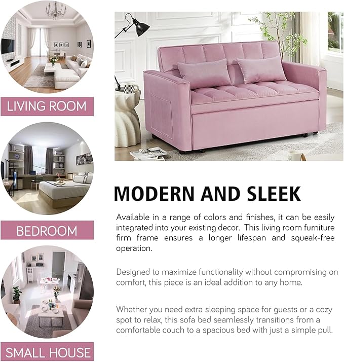 3 in 1 Convertible Sleeper Sofa Bed, 54'' Full Size Velvet Pull Out Futon Couch Recliner with Reclining Backrest & 2 Pillows, Small Loveseat Lounge Couches for Small Spaces (Pink)
