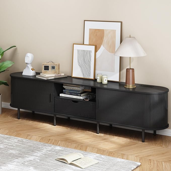 ONBRILL 86.6" TV Stand with Power Outlet for TVs up to 90", Entertainment Center with Storage and Drawer, TV Console with Adjustable Shelves and Sliding Door, TV Stand for Living Room, Bedroom, Black