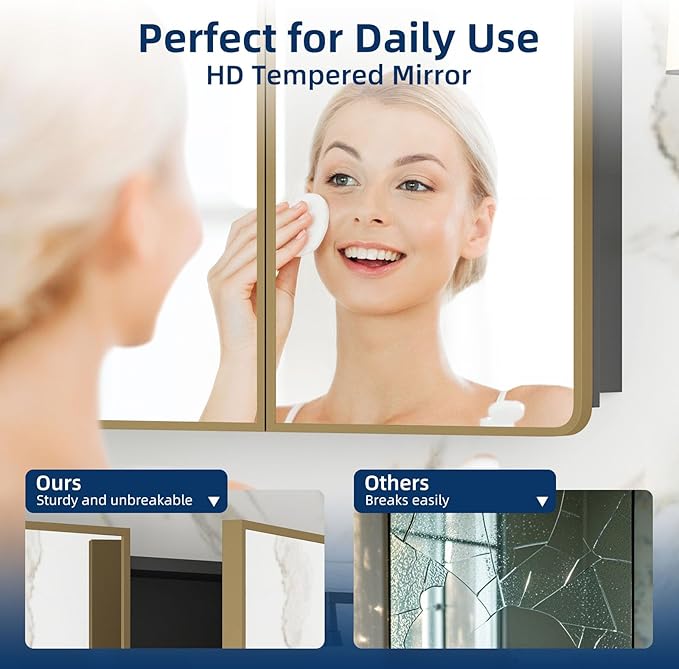 Bathroom Medicine Cabinet with Mirror 24 x 30 Inch, Brush Gold Medicine Cabinet Recessed or Surface Wall-Mounted, Mirrored Cabinets with Sturdy Metal Adjustable Shelves for Bathroom Vanity