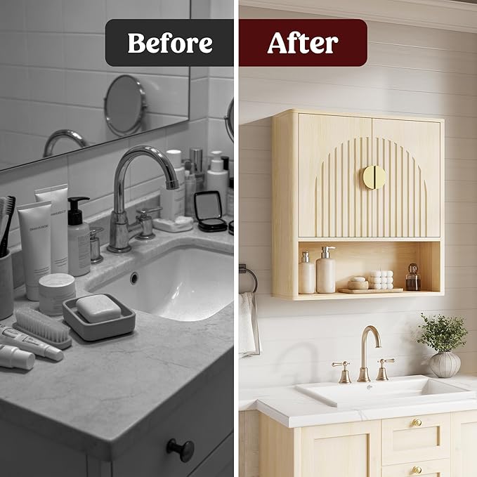 Lulive Bathroom Wall Cabinet with Adjustable Wood Shelf, Fluted Medicine Cabinet with 2 Doors, Over The Toilet Storage Cabinet for Laundry Room, Kitchen, Living Room, Natural