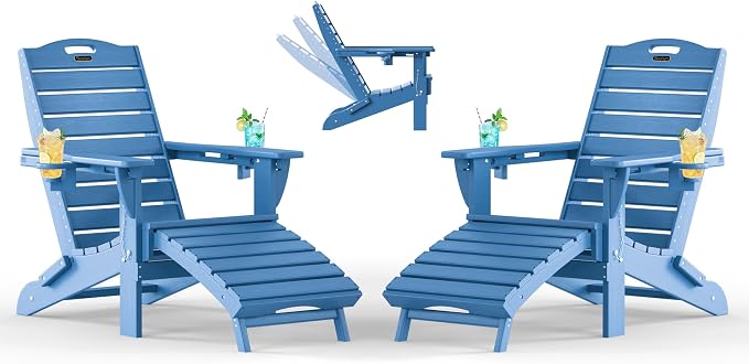 Adjustable Adirondack Chairs Set of 2 with Retractable Ottoman, HDPE Folding Adirondack Chair with Cup Holders, Weather Resistant for Backyard, Poolside & Fire Pit(Navy Blue)