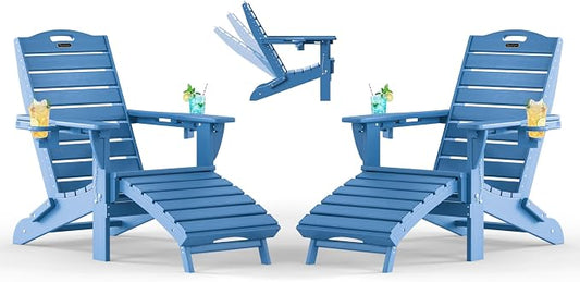 Adjustable Adirondack Chairs Set of 2 with Retractable Ottoman, HDPE Folding Adirondack Chair with Cup Holders, Weather Resistant for Backyard, Poolside & Fire Pit(Navy Blue)