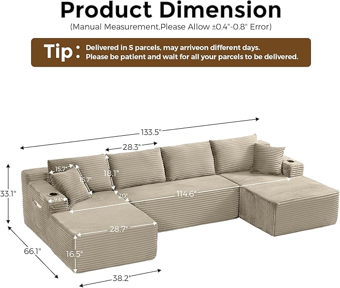 133" Oversized Cloud Boneless Sofa Couch with Chaise, Modern Corduroy U Shaped Modular Sectional Sofa with Deep Seat, Comfy Couch with Cupholders and Storage, No Assembly Required-Camel