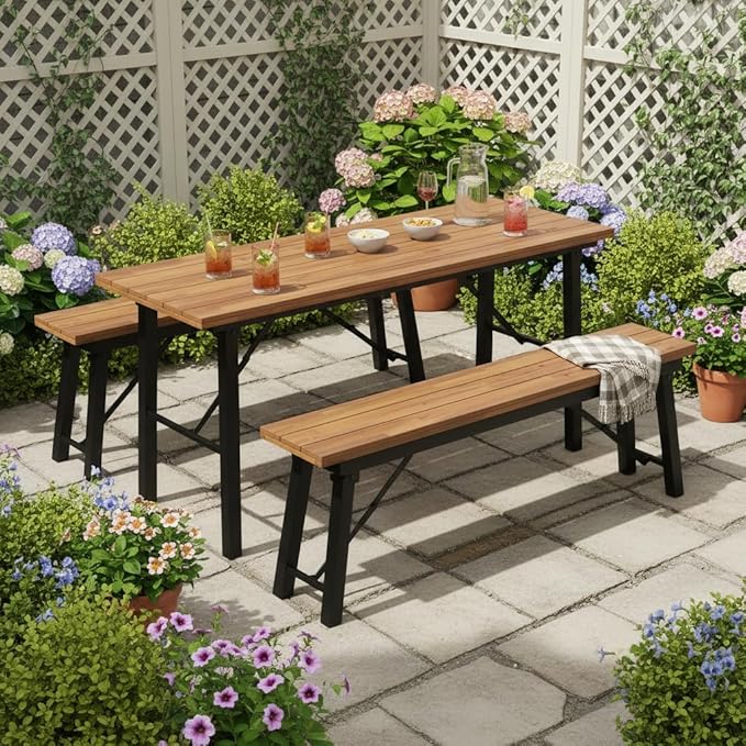 Tangkula Outdoor Folding Bench Set of 2, 55” 2-3 Person Acacia Wood Backless Patio Dining Bench, No Assembly Weatherproof Picnic Bench, Collapsible Benches for Porch, Yard, Poolside, Balcony