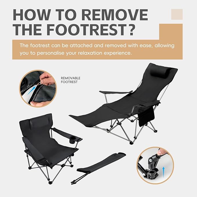 Camping Chairs Zero Gravity Recliner Chair with 4-in-1 Adjustable - Portable Folding Recliner with Cup Holder & Side Pocket, Detachable Footrest for Patio, Beach, Lawn, No Assembly - Black