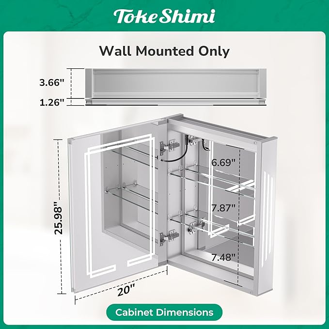 TokeShimi 20x26 Inch Lighted Medicine Cabinet, LED Medicine Cabinet with Lights, Wall-Mounted Bathroom Cabinet Mirror with 3 Color Temperature, Anti-Fog, CRI 80+, Memory Function, Tempered Glass