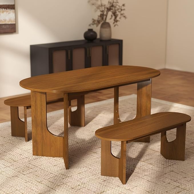 VESCASA Oval 63" L Dining Table with 47.25" L Bench, Walnut Wood Kitchen Table Set for Dining Room, Restaurant, 1 Table with 1 Bench
