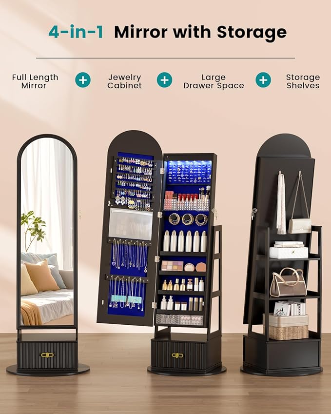 Vlsrka 6 LEDs Mirror Jewelry Cabinet, 360° Swivel Full Length Mirror with Storage, Lockable Jewelry Armoire Cabinet Standing, Large Drawers Jewelry Organizer Mirror, Gift Idea for Women, Black