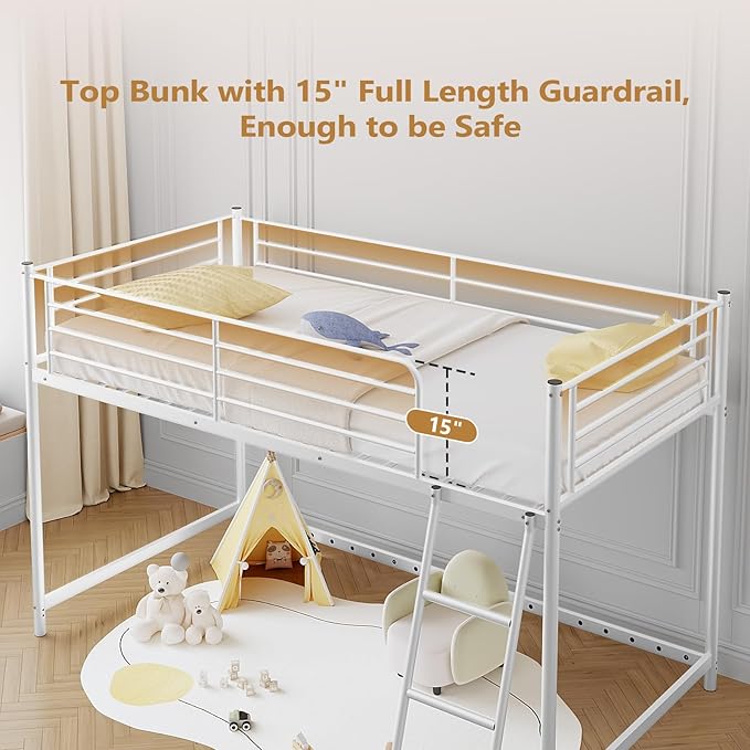 JOYMOR Low Loft Bed with Inclined Ladder, Metal Twin Size Bed Frame with 15” High Guardrail for Boys Girls, Junior, Space Saving, Mattress Not Included (White)