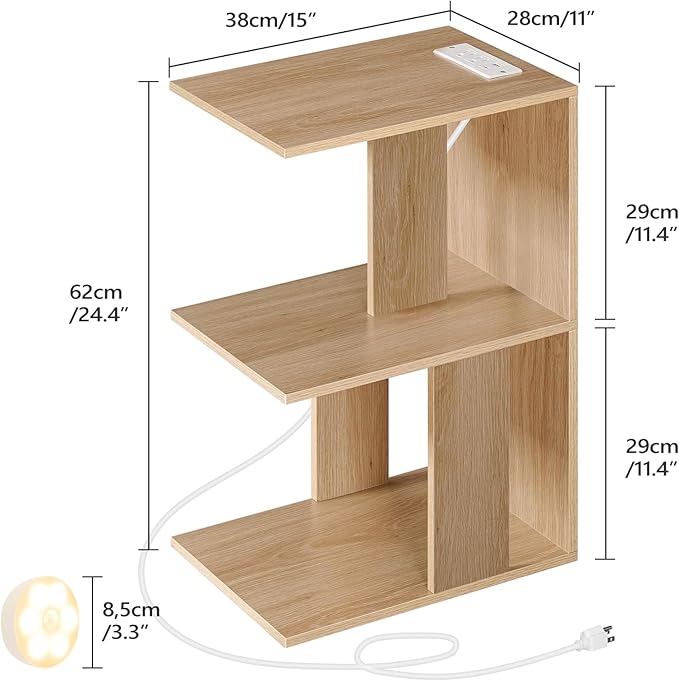 MAHANCRIS End Table with Charging Station, C-Shaped Narrow Side Table with LED Light, Natural Nightstand with Storage, Narrow Bedside Table for Small Spaces, End Tables Living Room, Bedroom, ETNA18E01