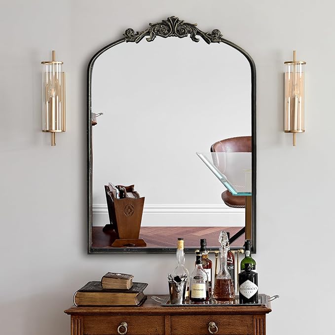 OUSHUAI Black Ornate Mirror for Wall, Traditional Vintage Ornate Baroque Mirrors,Victorian Antique Bronze Full Matel Frame,Arched Mirror for Entryway/Bathroom/Fireplace 24"X36"